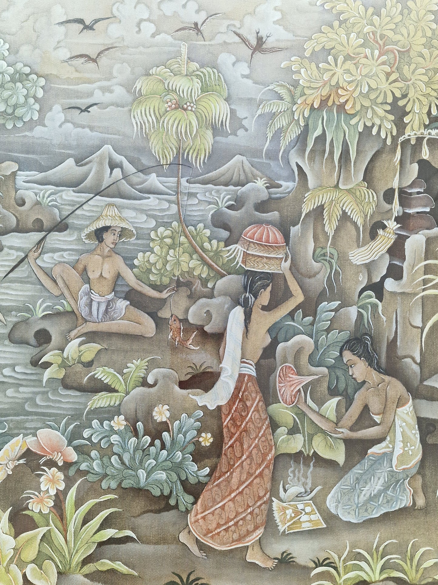 A Balinese riverside village life scene attributed to Wayan Barwa (1933–2004), Peliatan, Bali