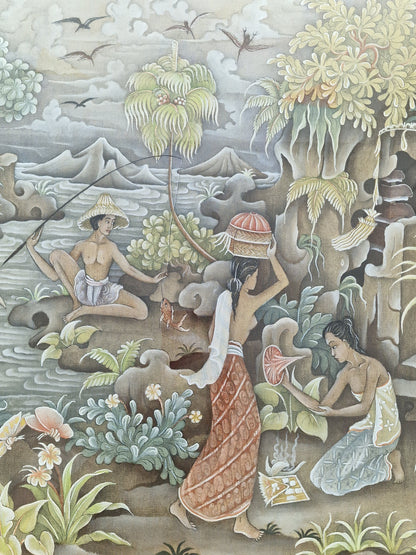 A Balinese riverside village life scene attributed to Wayan Barwa (1933–2004), Peliatan, Bali