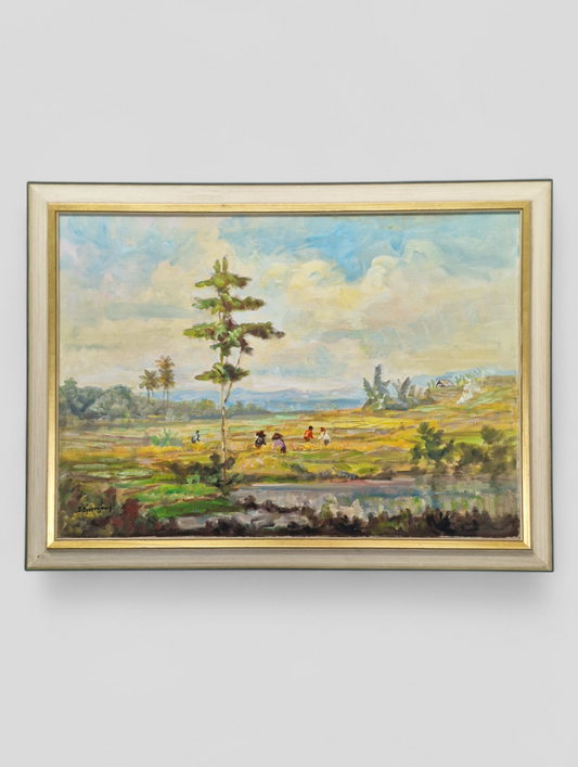 A Bogor (Indonesia) landscape with figures, oil on canvas, by S. Djuprijany — dated 1970