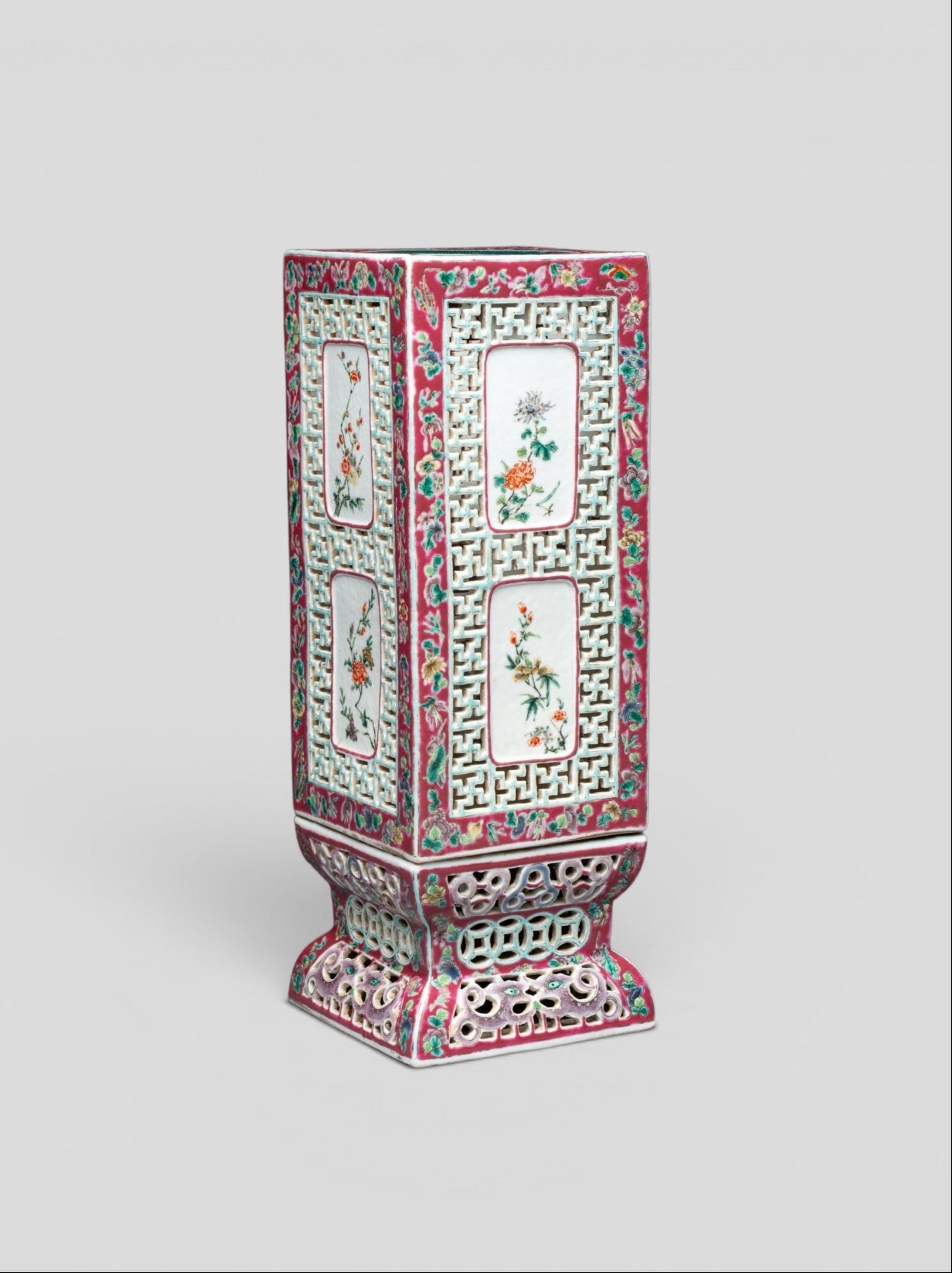 A Chinese famille rose reticulated square lantern with a stand — 19th century
