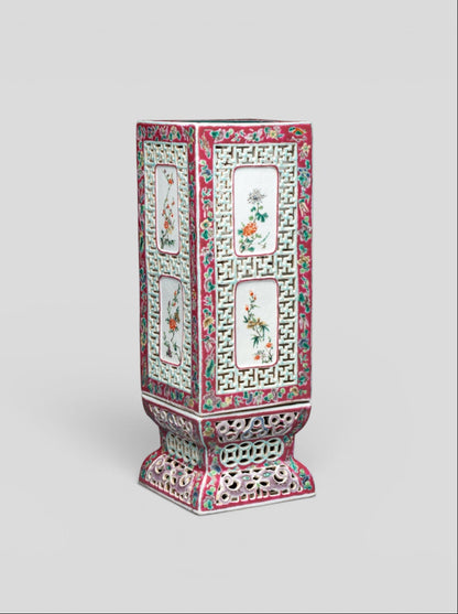 A Chinese famille rose reticulated square lantern with a stand — 19th century