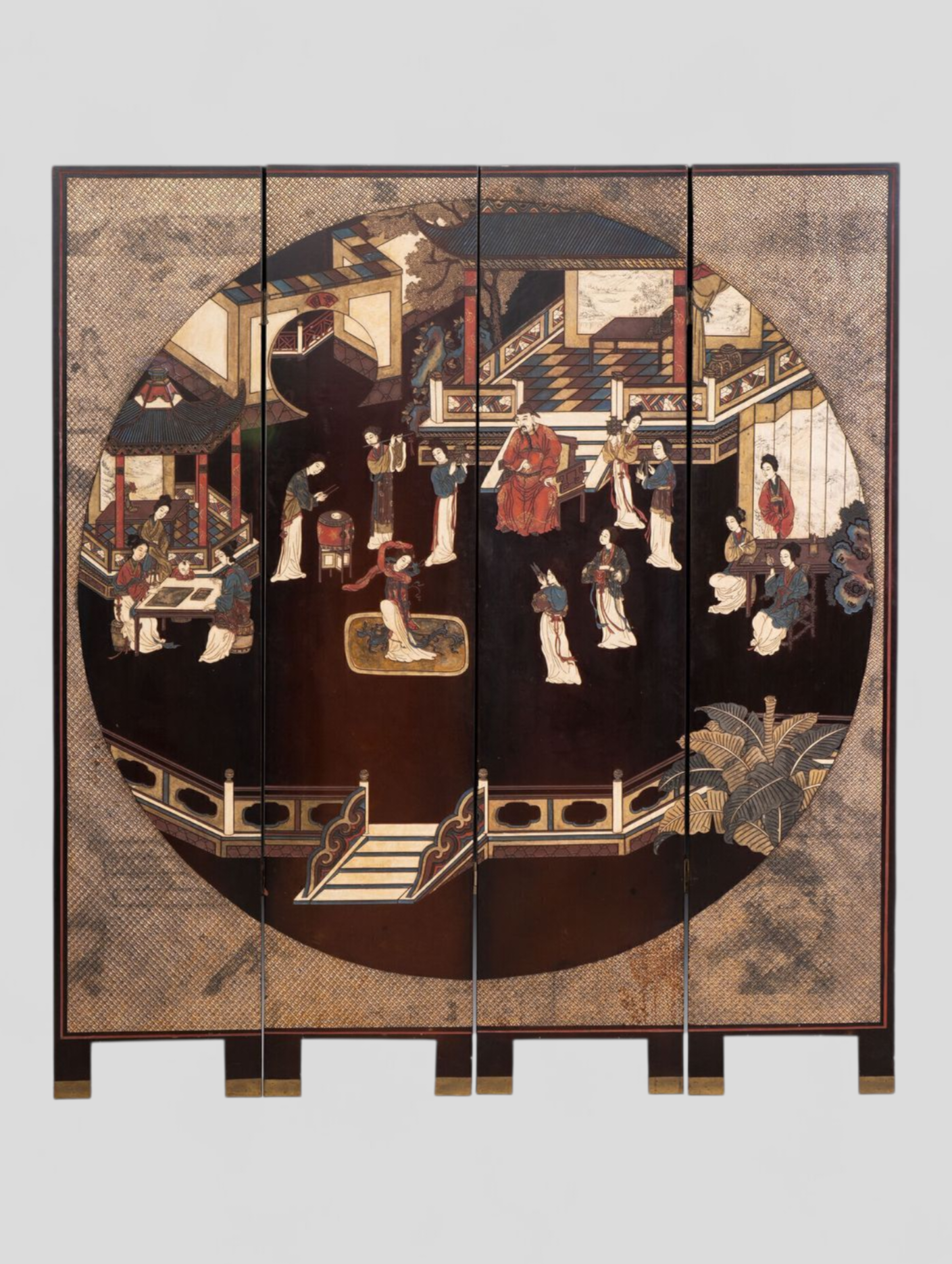 A Chinese coromandel lacquer four-panel folding screen with narrative and bird-and-flower scenes — 20th century