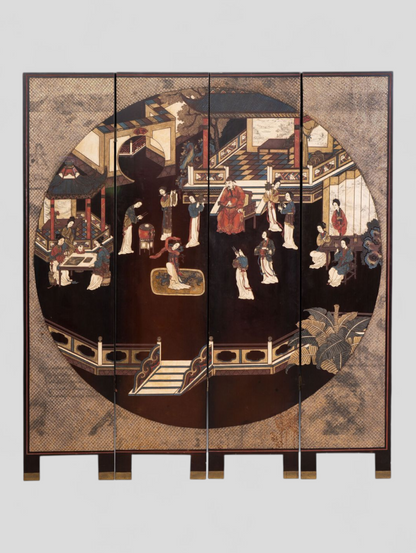 A Chinese coromandel lacquer four-panel folding screen with narrative and bird-and-flower scenes — 20th century