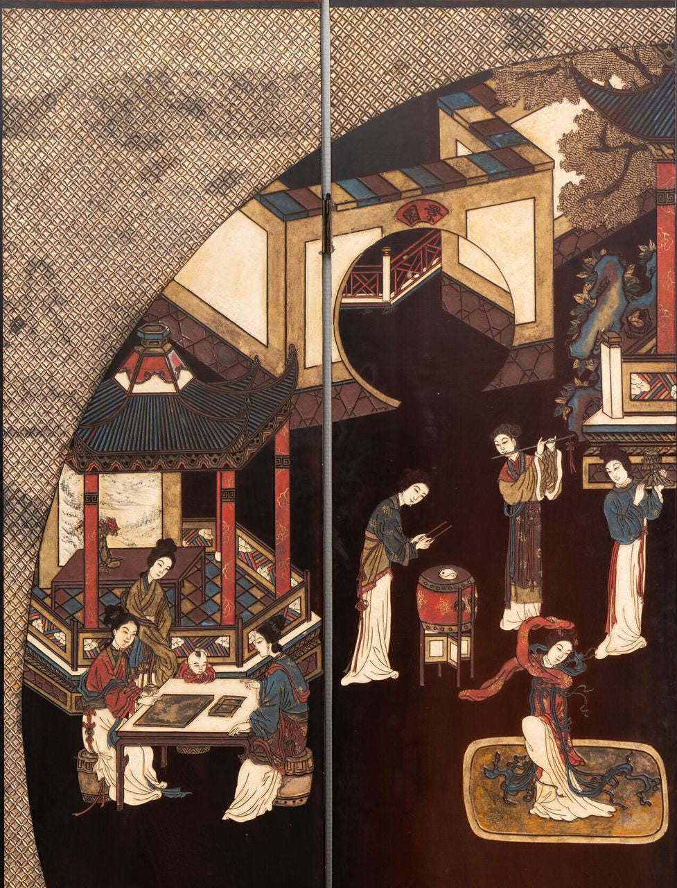 A Chinese coromandel lacquer four-panel folding screen with narrative and bird-and-flower scenes — 20th century