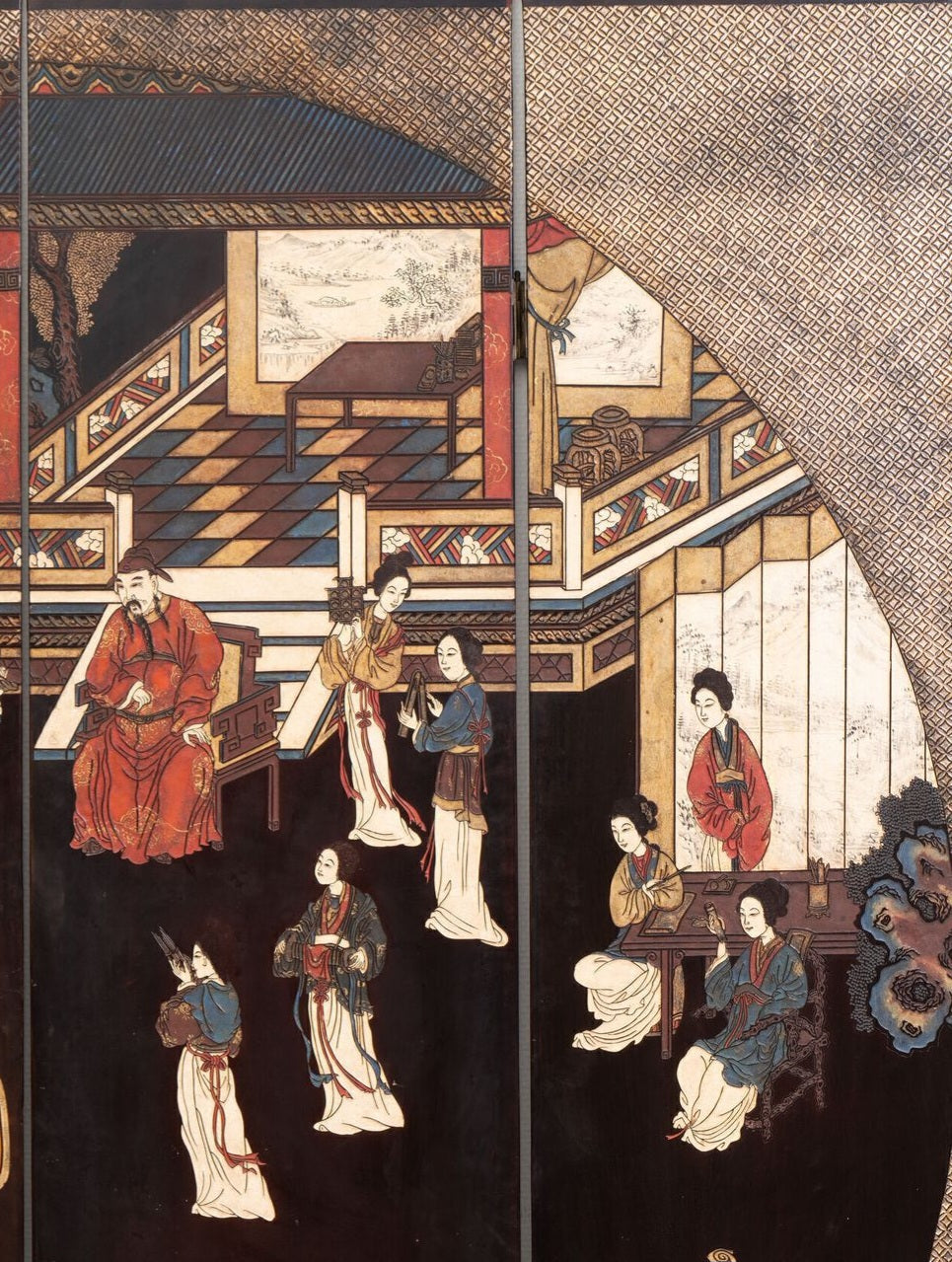 A Chinese coromandel lacquer four-panel folding screen with narrative and bird-and-flower scenes — 20th century