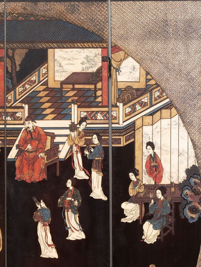 A Chinese coromandel lacquer four-panel folding screen with narrative and bird-and-flower scenes — 20th century