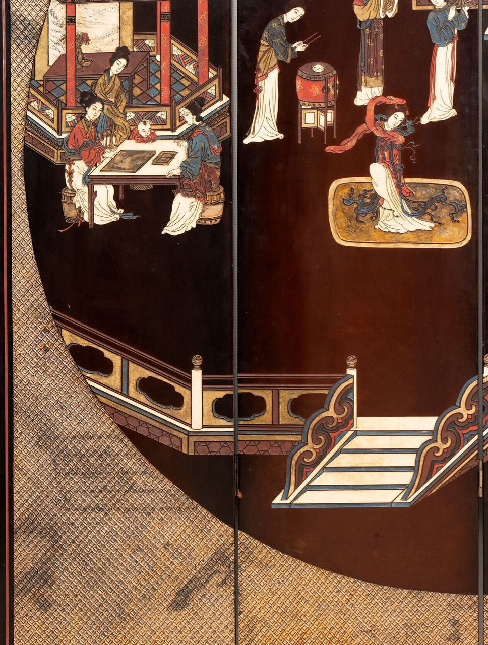 A Chinese coromandel lacquer four-panel folding screen with narrative and bird-and-flower scenes — 20th century