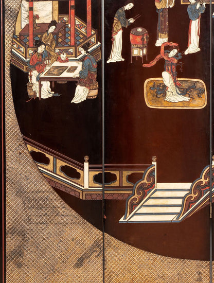 A Chinese coromandel lacquer four-panel folding screen with narrative and bird-and-flower scenes — 20th century