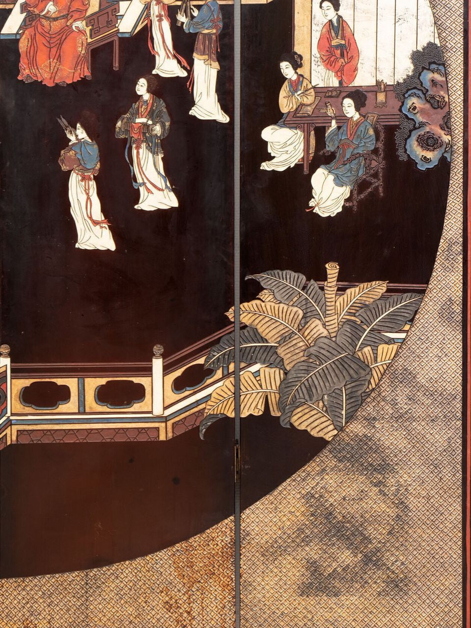 A Chinese coromandel lacquer four-panel folding screen with narrative and bird-and-flower scenes — 20th century