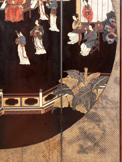 A Chinese coromandel lacquer four-panel folding screen with narrative and bird-and-flower scenes — 20th century