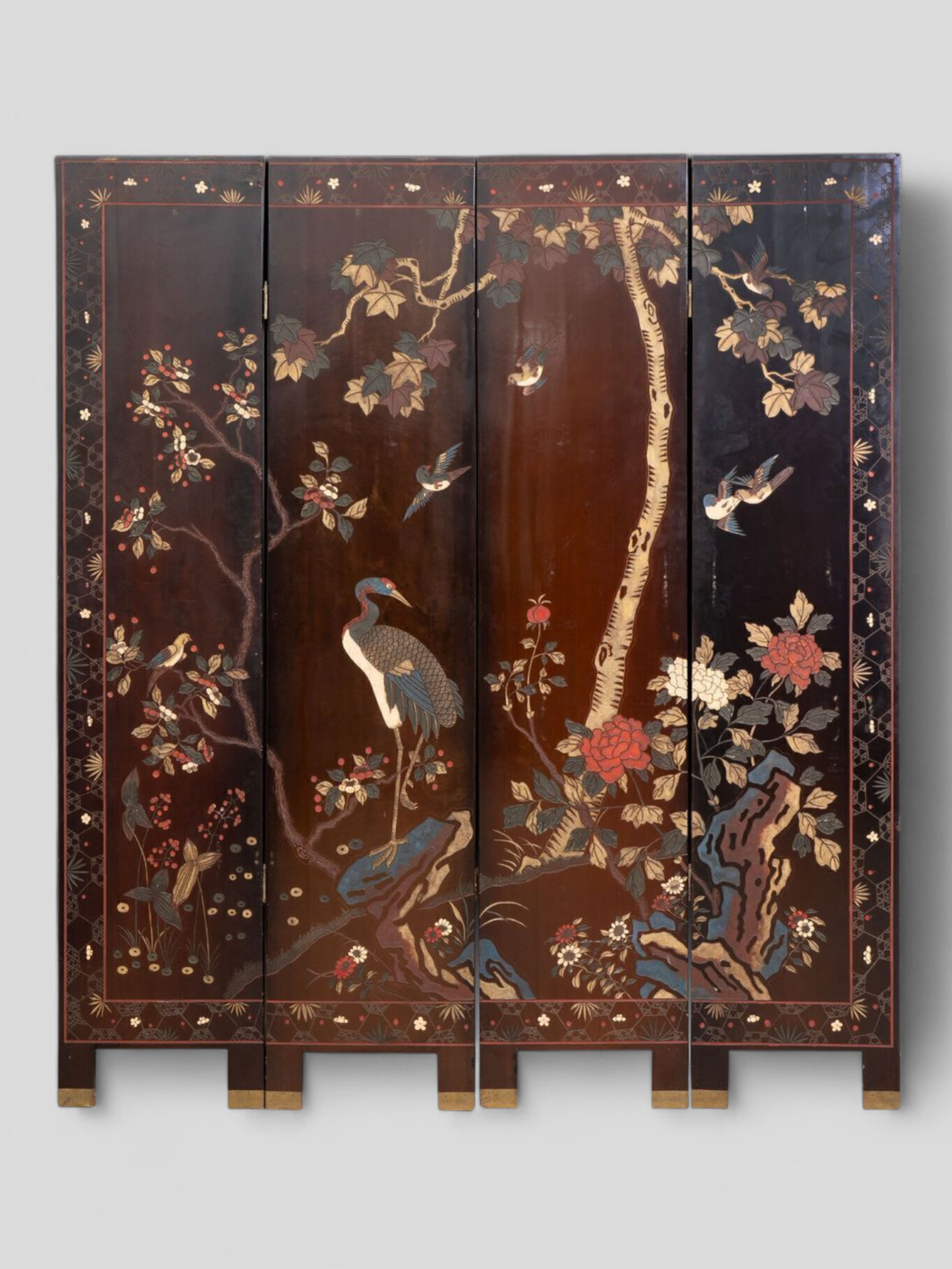 A Chinese coromandel lacquer four-panel folding screen with narrative and bird-and-flower scenes — 20th century