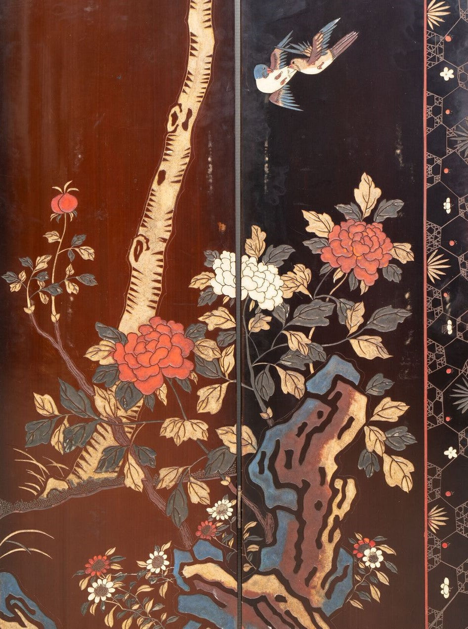 A Chinese coromandel lacquer four-panel folding screen with narrative and bird-and-flower scenes — 20th century