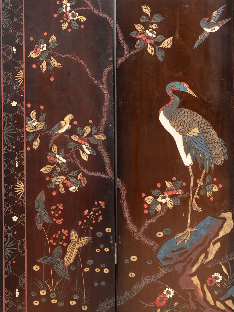 A Chinese coromandel lacquer four-panel folding screen with narrative and bird-and-flower scenes — 20th century