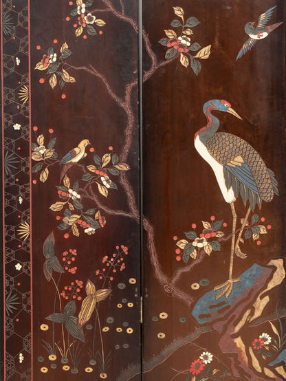 A Chinese coromandel lacquer four-panel folding screen with narrative and bird-and-flower scenes — 20th century