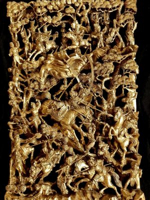 A Chinese Carved Deep Relief Gilt Wood Panel Depicting Warrior Scenes
