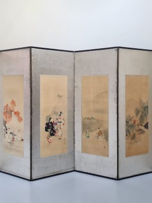 A large Japanese folding screen with six watercolor paintings