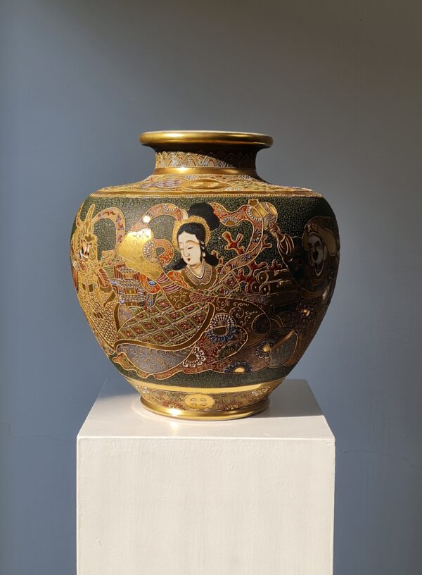 A large Japanese ceramic Satsuma vase depicting goddesses/immortals, 20th century