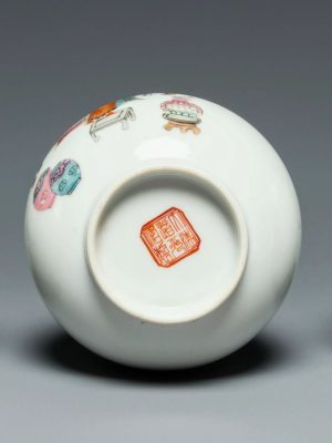 A Chinese porcelain bottle vase depicting a romantic couple, bird, and interior scene. Overglaze red mark of Daoguang (1821-1850)