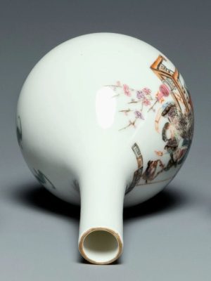 A Chinese porcelain bottle vase depicting a romantic couple, bird, and interior scene. Overglaze red mark of Daoguang (1821-1850)