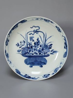 Pair of Chinese Blue and White Porcelain Dishes with Basket of Flowers Design, Kangxi Period (1662–1722)